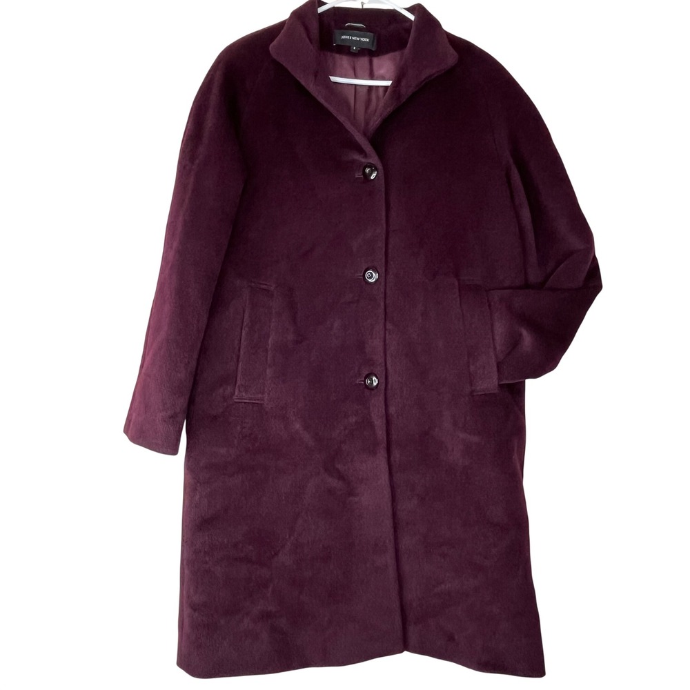Jones New York Coat Women 8 Wine Purple Wool Alpaca Blend Single Breasted Long